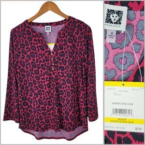 New Anne Klein Top Blouse Size Medium Stretch Cheetah Leopard Pink Professional